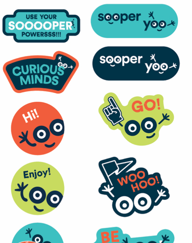 Sooperyoo sticker and badge set